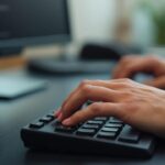 Close-up of hands typing on a computer keyboard in an office setting.