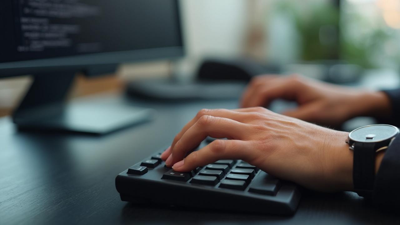 Close-up of hands typing on a computer keyboard in an office setting.