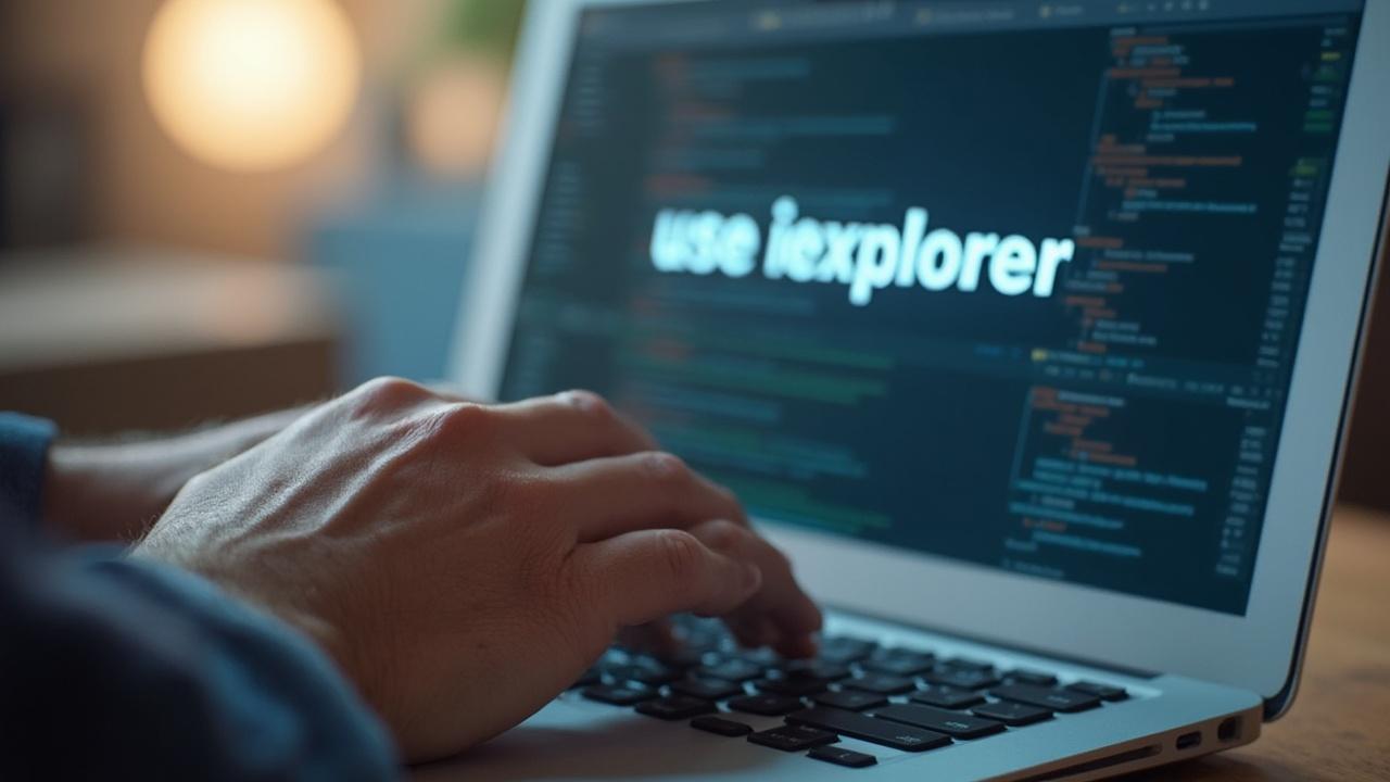 Person coding on a laptop displaying the text 'Web explorer'