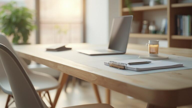 Laptop, notebook, and office supplies on a wooden desk in a comfortable home office