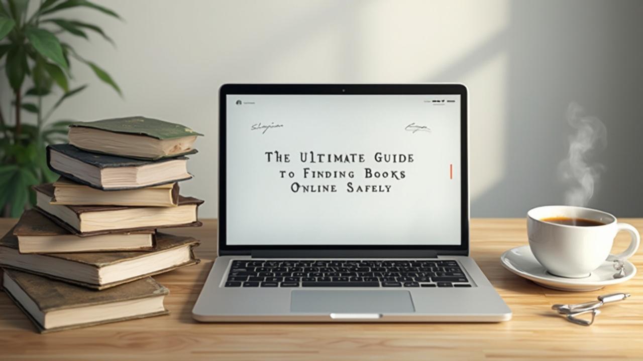 Laptop displaying the title 'The Ultimate Guide to Finding Books Online Safely'