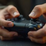 Close-up view of a person's hands holding a video game controller.