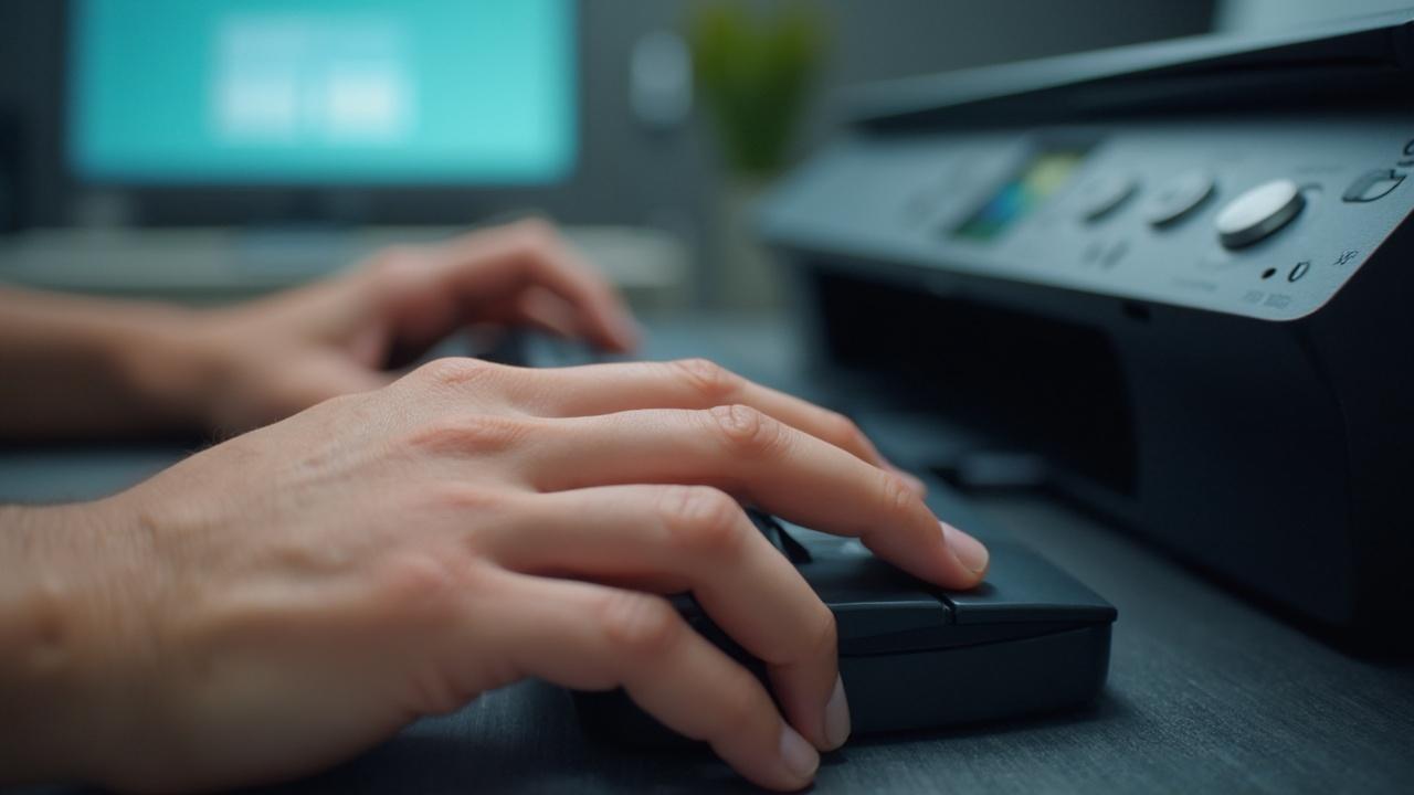 Close-up of hands using a computer mouse and keyboard in an office setting.