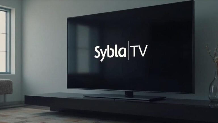 A large, black television screen displaying the Sybla TV logo in white letters.