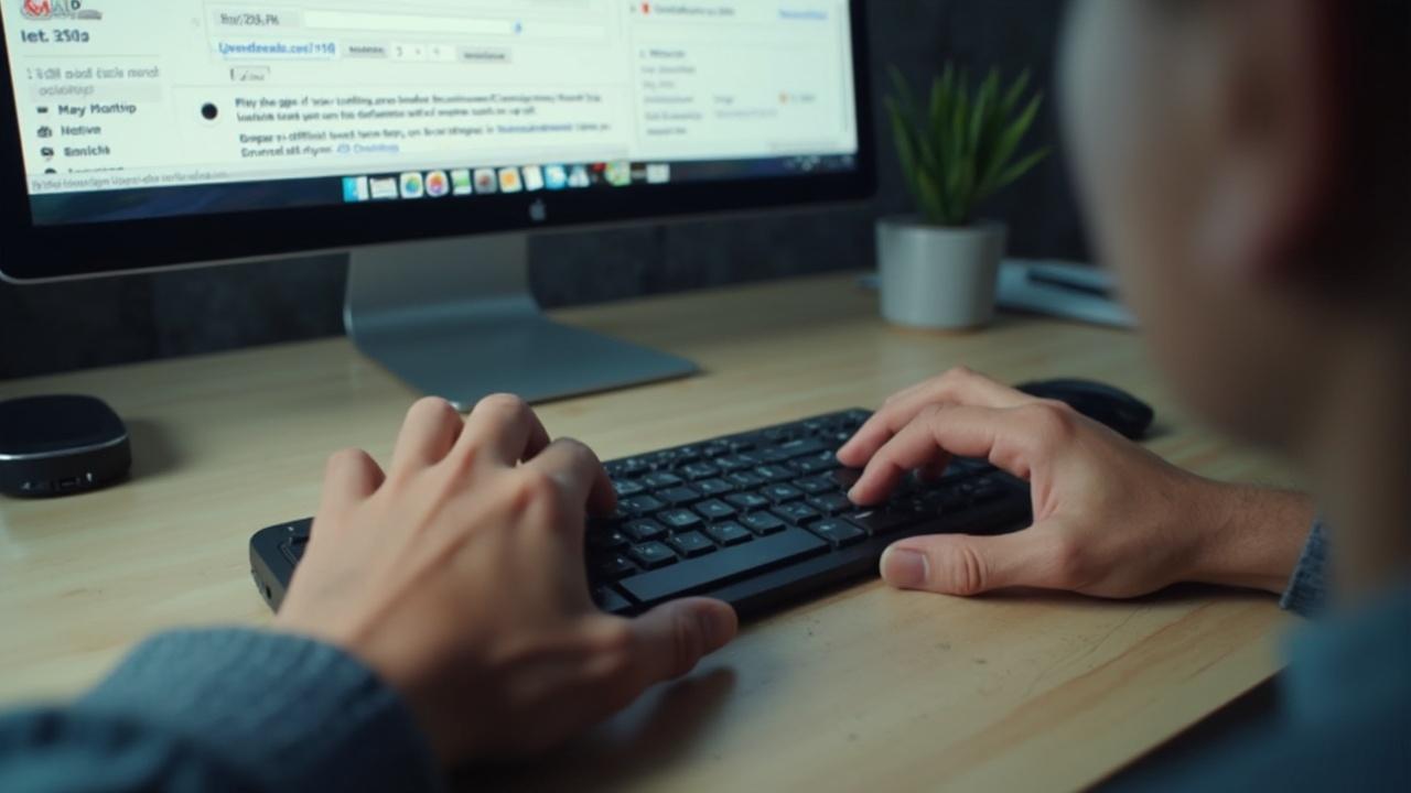 Close-up shot of hands typing on a keyboard in front of a computer screen