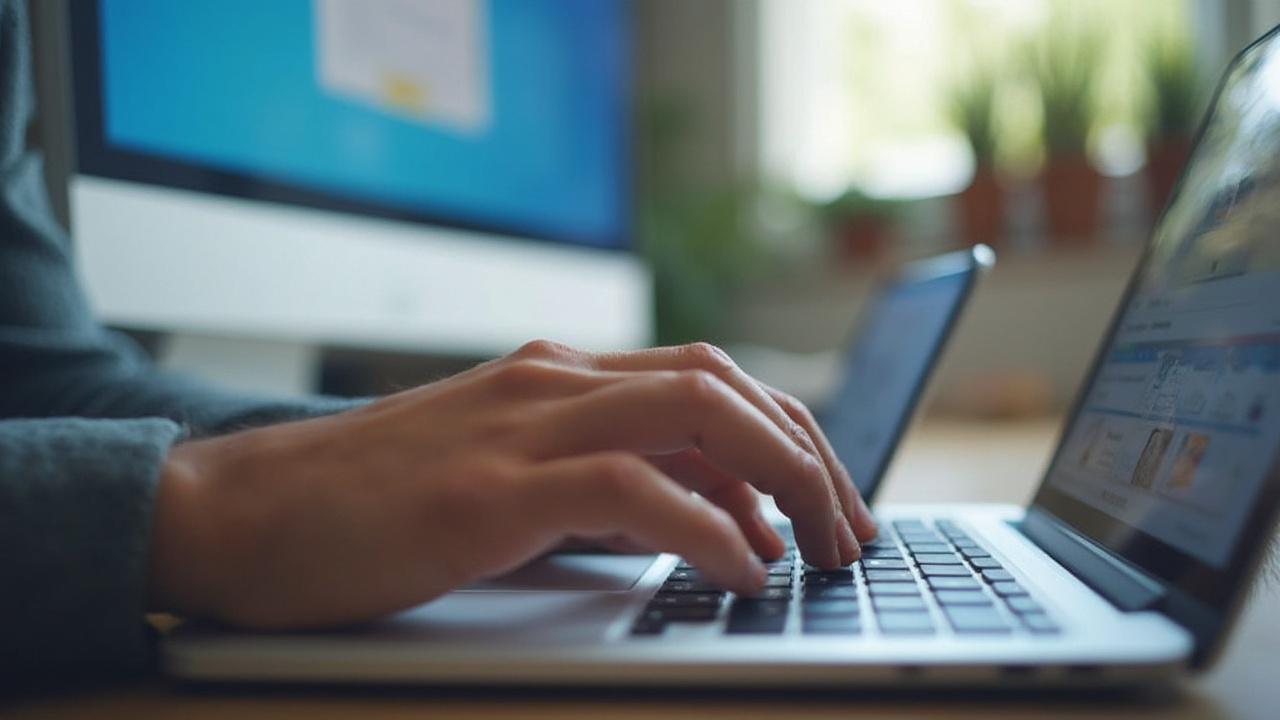 Close-up of hands typing on laptop computer keyboard