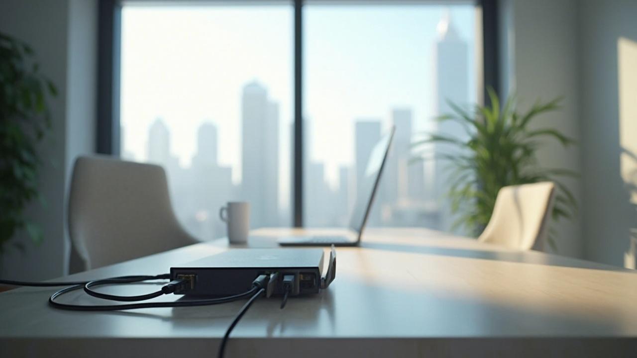 Laptop on desk with city skyline in background