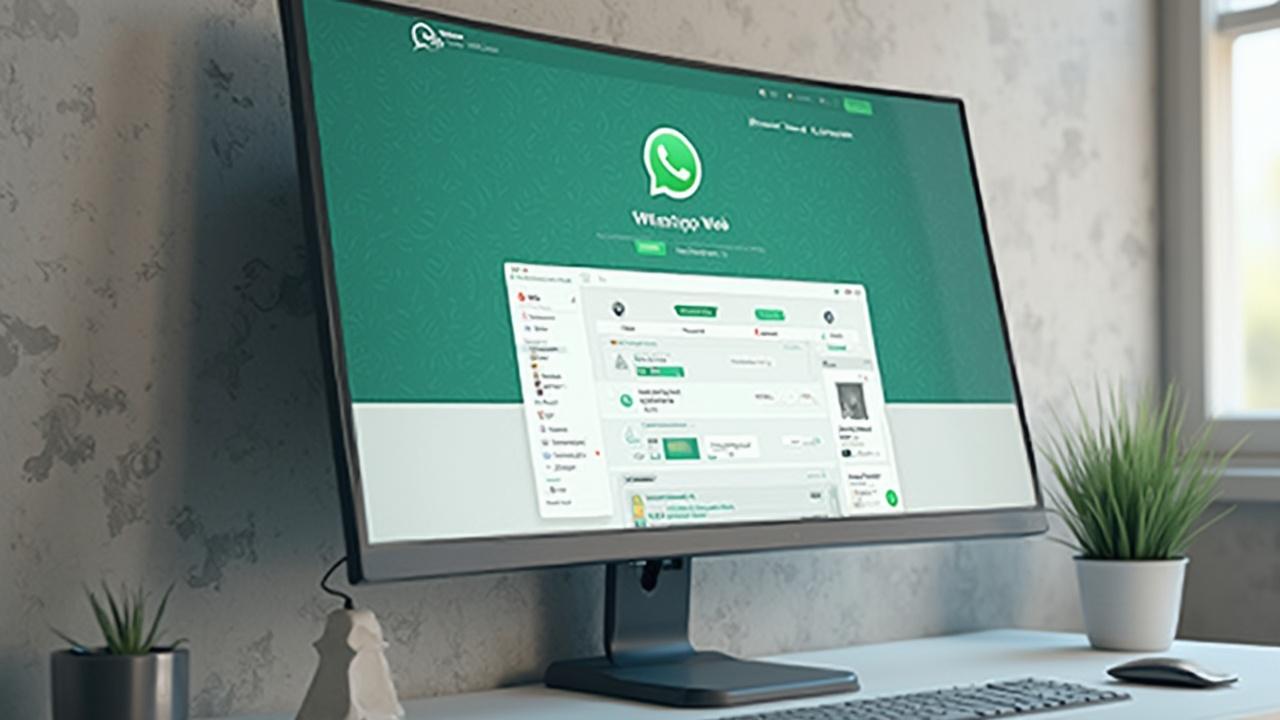 A computer monitor displaying the WhatsApp Web interface on the screen.