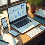 Laptop, smartphone, and office supplies on a desk with a data analytics dashboard