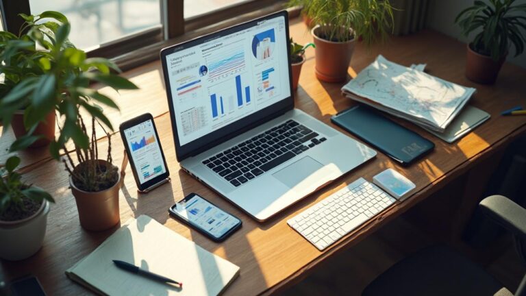 Laptop, smartphone, and office supplies on a desk with a data analytics dashboard